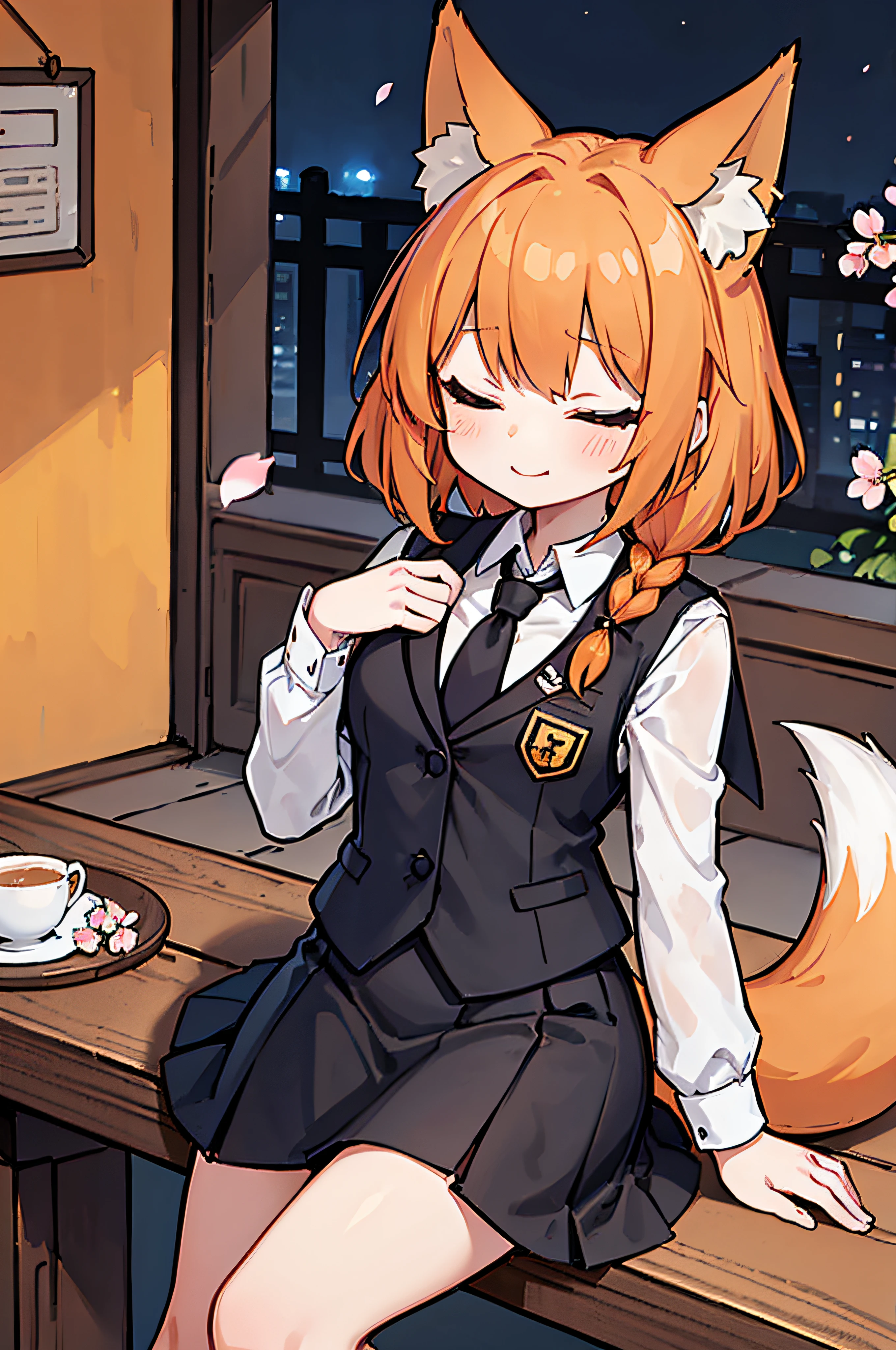 1个Giant Breast Girl,extremely detremely detailed CG,8k wallpaper,Dignified,bluntbangs,Two twisted braid latches,Skinny Lego ears,orange color hair,With his eyes closed,being thin,ssmile,buisness suit,Sit Pose,courtyard,Wooden coffee table,light blue cherry blossom tree,schools,short man,One-tailed,A piece of tranquility,maam,orange color hair,fox ear,Wearing a black suit,Vest skirt,pleatedskirt,long skirt,Tie twisted braids behind your ears,Short hair details,Qi bangs,With his eyes closed,ssmile,black necktie,
