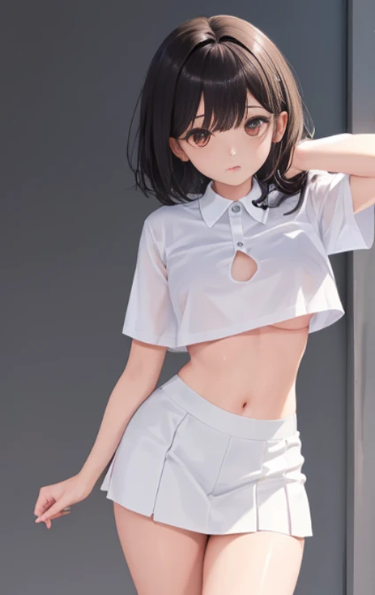 1 Young girls, 独奏, White polo shirt, White sneakers, 
, white mini-skirt, tmasterpiece, Best quality, realistically, ultra - detailed, (shiny skins, Sweated:1.4), Huang Li, looking at viewert, with short black hair, with brown eye,slenderness,Dynamic light and shadow,A high resolution,Focus sharp,depth of fields,The eyes are delicate,Sharp pupils,student reality,(Bigchest:1.6),(Thigh thick:1.0),luring,sky sky，The camera looks from bottom to top，