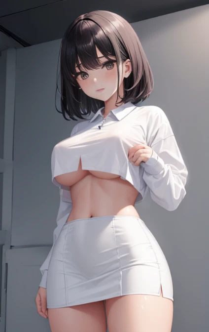 1 Young girls, 独奏, White polo shirt, White sneakers,
, white mini-skirt, tmasterpiece, Best quality, realistically, ultra - detailed, (shiny skins, Sweated:1.4), Huang Li, looking at viewert, with short black hair, with brown eye,slenderness,Dynamic light and shadow,A high resolution,Focus sharp,depth of fields,The eyes are delicate,Sharp pupils,student reality,(Bigchest:1.6),(Thigh thick:1.0),luring,sky sky,The camera looks from the bottom up、Black suspender tights、lace leggings、