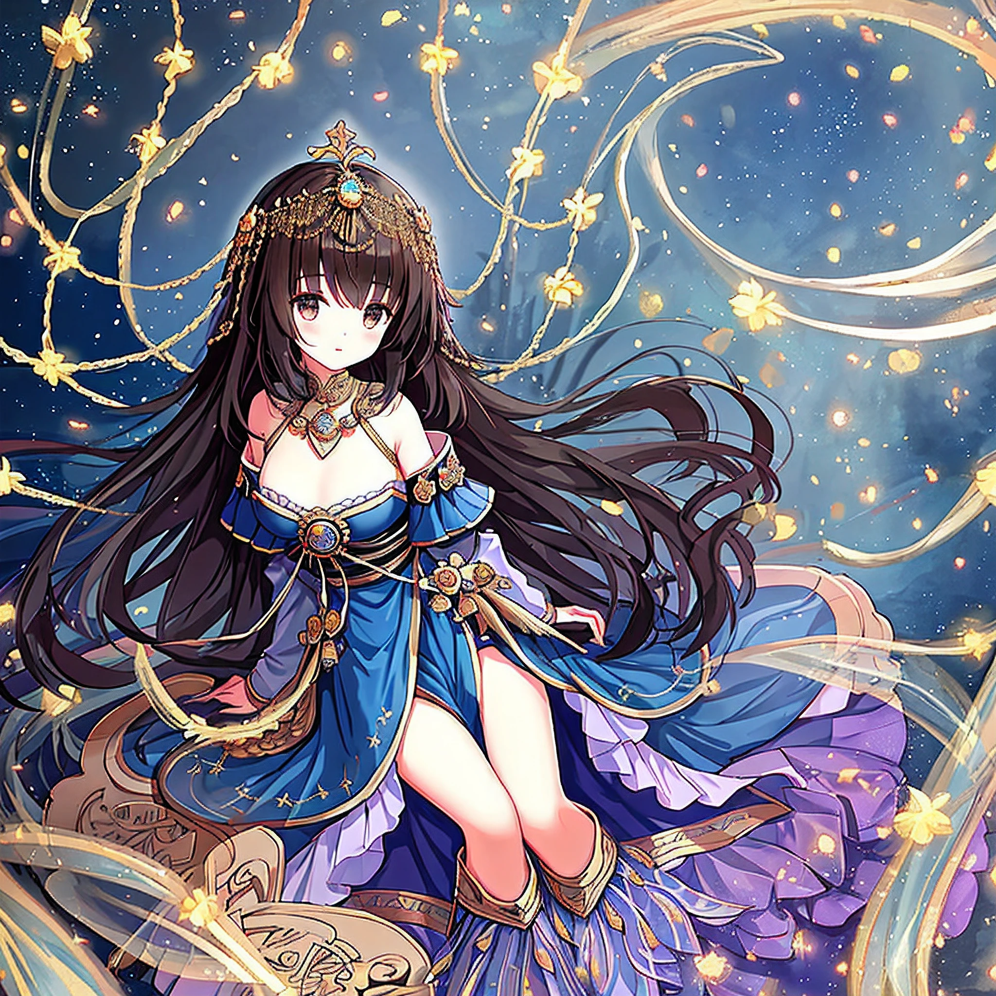 a unsullied cute girl, 1girl is purity, seraph, full body focus, detailed face, beautiful dark brown hair, beautiful black eyes, very long hair, divine shiny, stars, sacred place, sacred garments cover her whole body, Three sets of golden peacock wings grow from her back