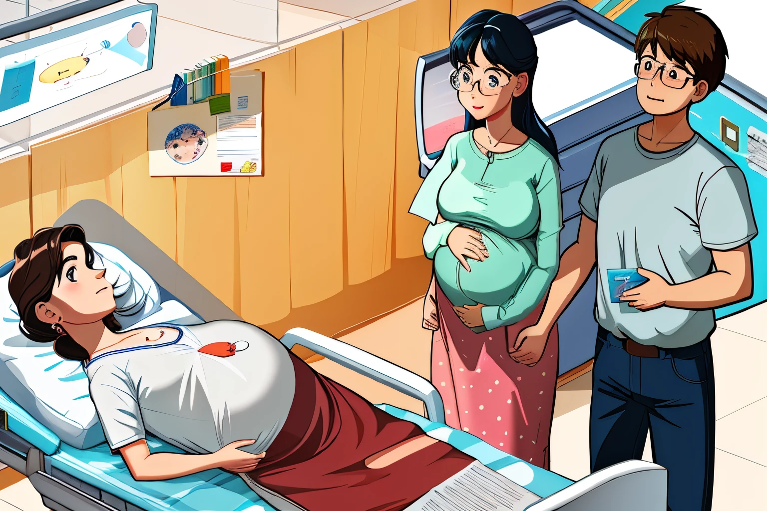 score_9, score_8_up, score_7_up, source_anime, kasuganoray, pale skin, long hair, scrubs, surgical mask, surgical cap, Long sleeve maternity gown, seamless, no seams, tight fitting, see ,
1girl, pregnant, big bre rubber gloves, looking down, furrowed brow, hospital bed, standing