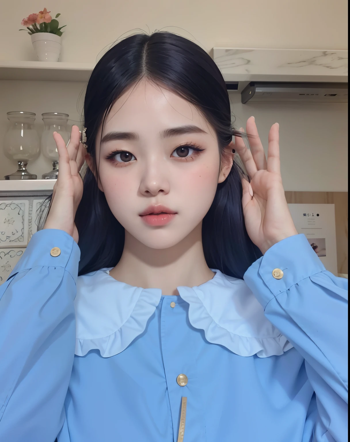 hay una mujer que se lleva las manos a las orejas, Retrato suave disparado 8K, Jaeyeon Nam, Joven y adorable rostro coreano, con cara redonda, Wan adorable cara coreana, con mejillas redondas, ulzzang, pale round face, Retrato de Jossi de Blackpink, Cara suave y redonda, Korean symmetrical face, portrait of female Korean idol, Retrato realista kawaii