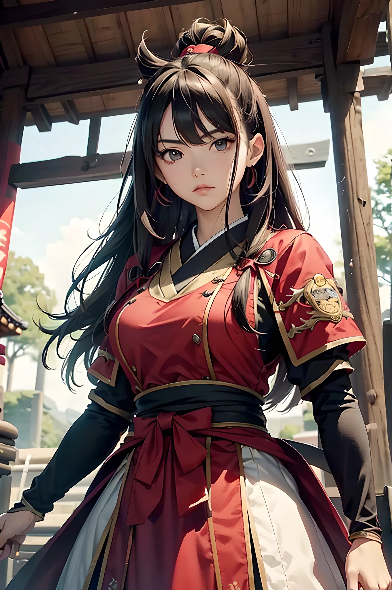 ulzzang -6500-v1.1,(masutepiece, top-quality:1.3),(Top image quality,8K,masterpiece:1.3),Realistic high-quality photos, Cinematic Light, Photorealistic, Super beauty、(Female ninja:1.3), Extremely agile warrior, fitness, intricate-detail, Red Ninja Costume, two swords, Japanese 20 year old girl, (Wide-breasted:1.3)