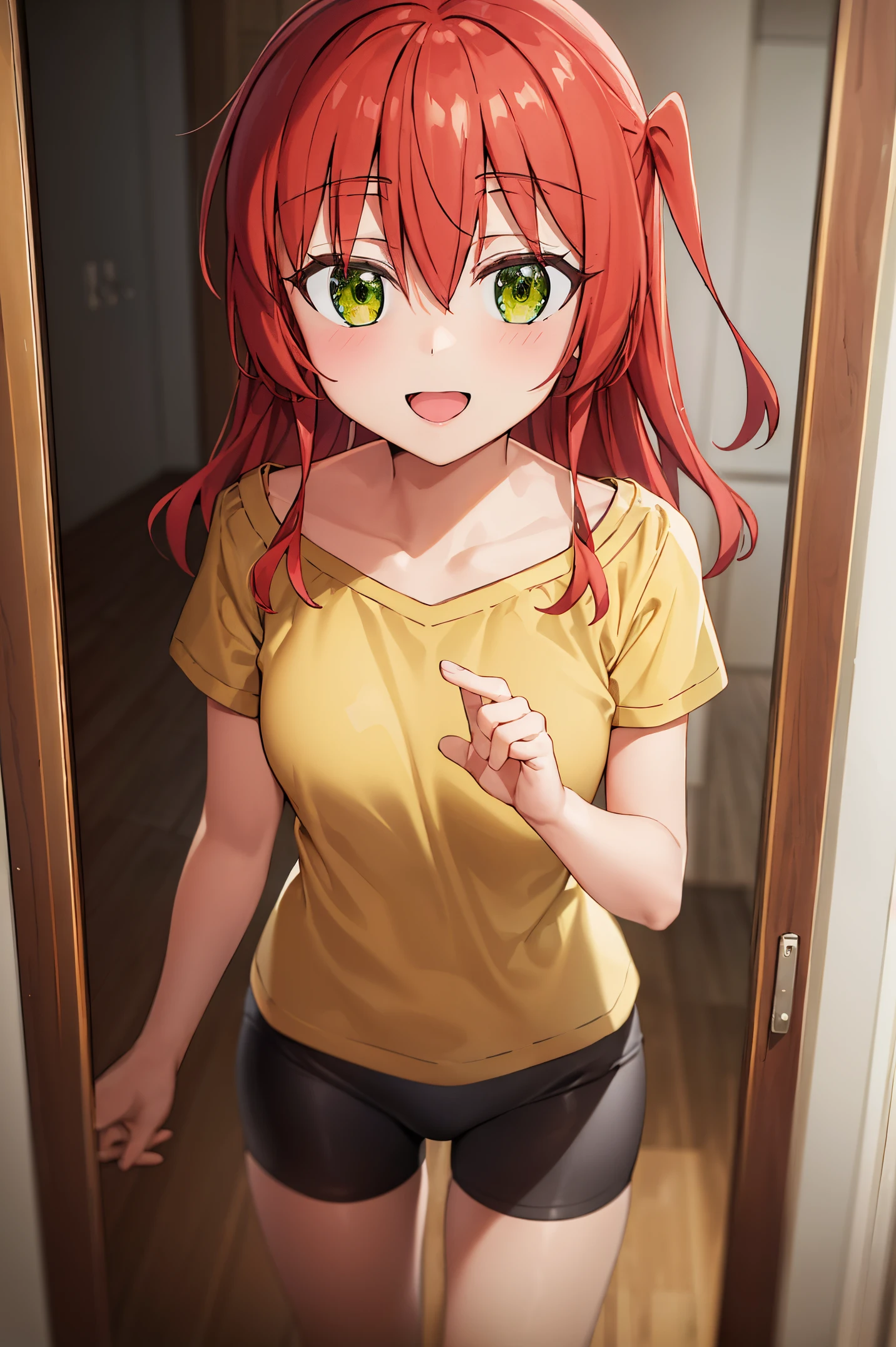 Room, 1 girl, best quality, ultra high res, long hair, red hair, green eyes, yellow shirt, short sleeves, bike shorts, looking at viewers, small breast, standing, pov, slim body, loli body, small body, smile, open mouth,