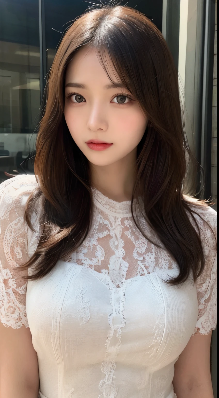 ((top-quality、8K、masterpiece:1.3))An ultra-high picture quality、realskin、Marble background、FULL BODYSHOT、女の子1人、Beautiful woman with slender abs:1.3、(long curly hair、爆乳:1.2)、sexy facial expression、big eye、Long Sleeve White Lace High Neck Shirt:1.1、hyperdetailed face、ultradetailed eyes、super-detaild skin、Ultra detailed hands、Ultra detailed fingertip double eyelid hands on face、Korean Beauties、White lace skirt、piercings、beautiful and long legs、high-heels、Walking