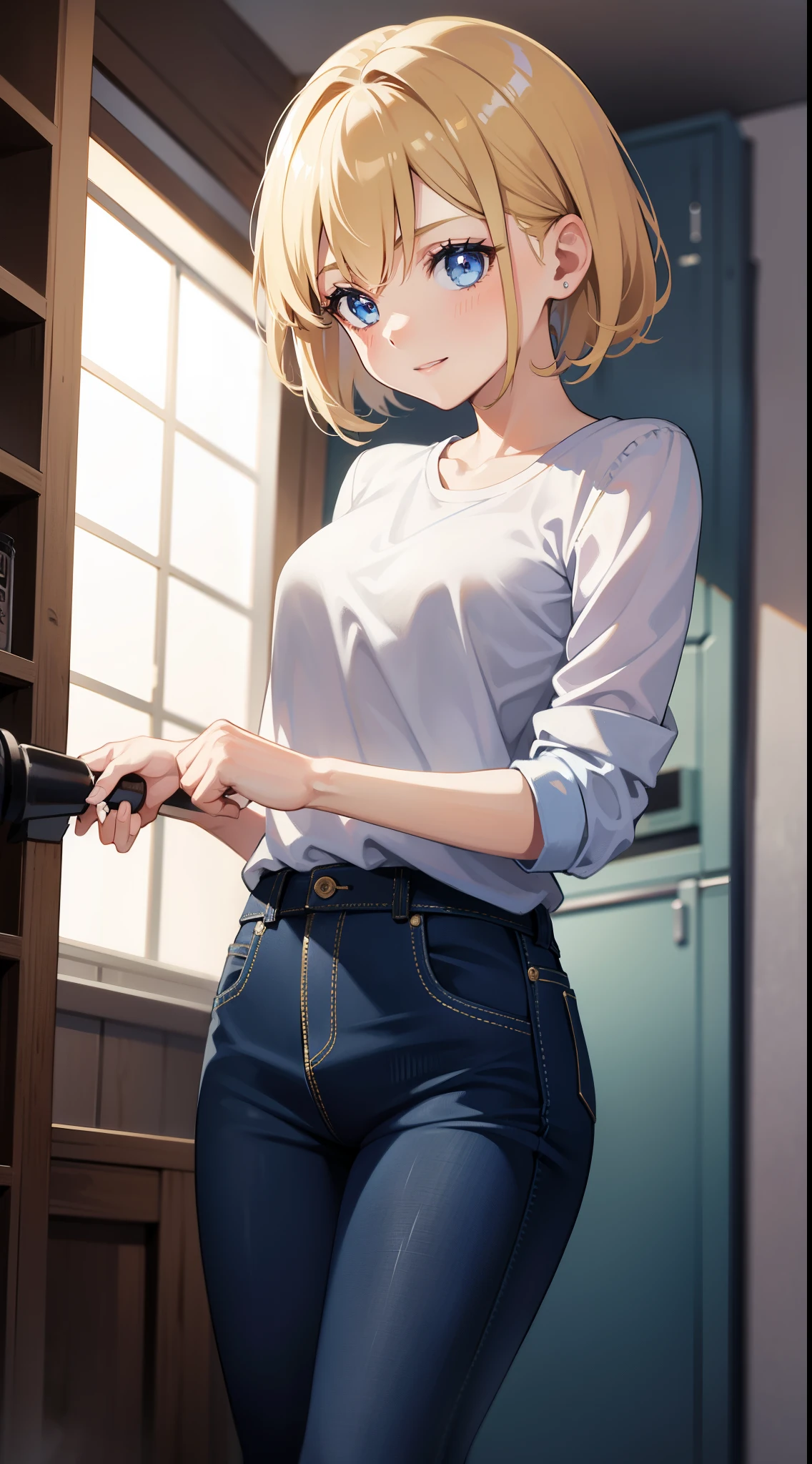 Young girls, blond with short hair, high ponytails, eBlue eyes, ssmile, Blue skinny shirt, denim pant, open shower room, Two swords, fly by rope, tmasterpiece, high high quality, 4K, k hd, Nice details
