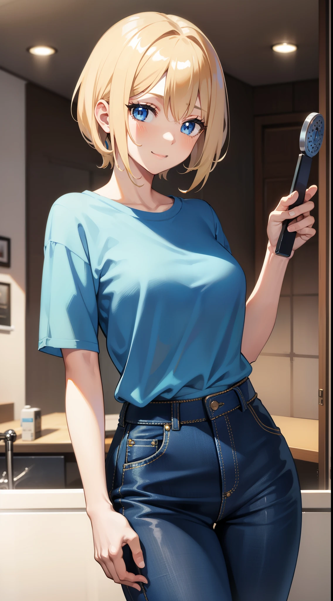 Young girls, blond with short hair, high ponytails, eBlue eyes, ssmile, Blue skinny shirt, denim pant, open shower room, Two swords, fly by rope, tmasterpiece, high high quality, 4K, k hd, Nice details