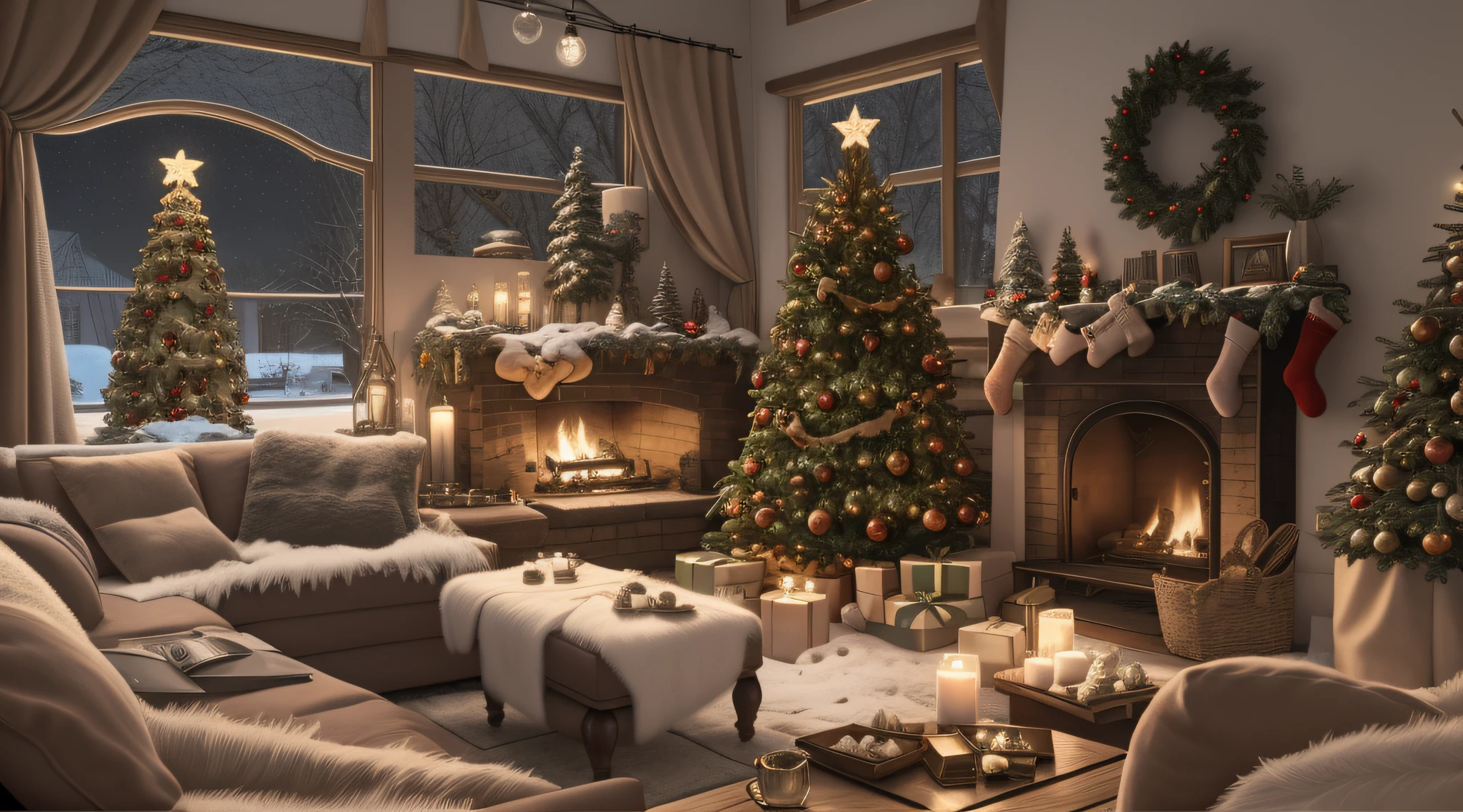 Living room with Christmas tree and fireplace, christmas night, Cozy place, Cozy room, Welcoming environment, true realistic image, Very cozy, Cozy home background, 8 K реалистичный гипердетализированный, Welcoming environment, Festive atmosphere, cosy enchanted scene, full resolution, cosy atmosphere, Snowy winter Christmas night, tomas kinkade. nice cozy room, Сцена 8K