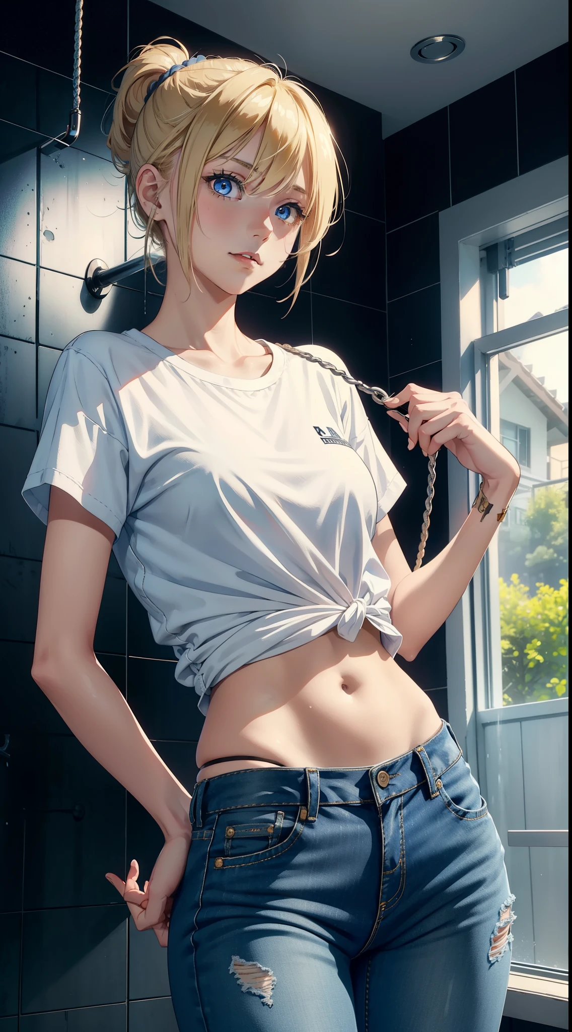 Young girls, blond with short hair, high ponytails, eBlue eyes, ssmile, Blue skinny shirt, denim pant, open shower room, Two swords, fly by rope, tmasterpiece, high high quality, 4K, k hd, Nice details