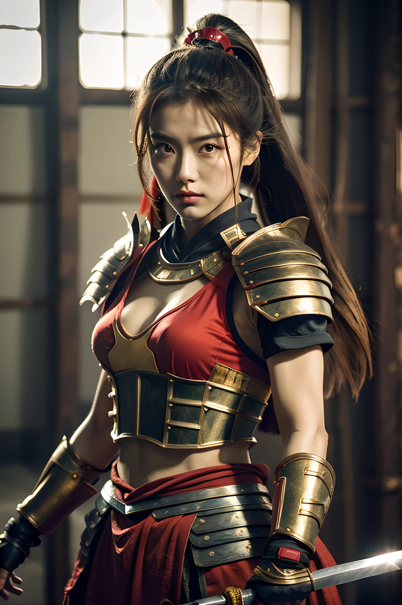 ulzzang -6500-v1.1,(masutepiece, top-quality:1.3),(Top image quality,8K,​masterpiece:1.3),Realistic high-quality photos, Cinematic Light, Photorealistic, Super beauty、(Female ninja:1.3), Extremely agile warrior, fitness, intricate-detail, Red Ninja Costume, two swords, Japanese 20 year old girl, (Wide-breasted:1.3)