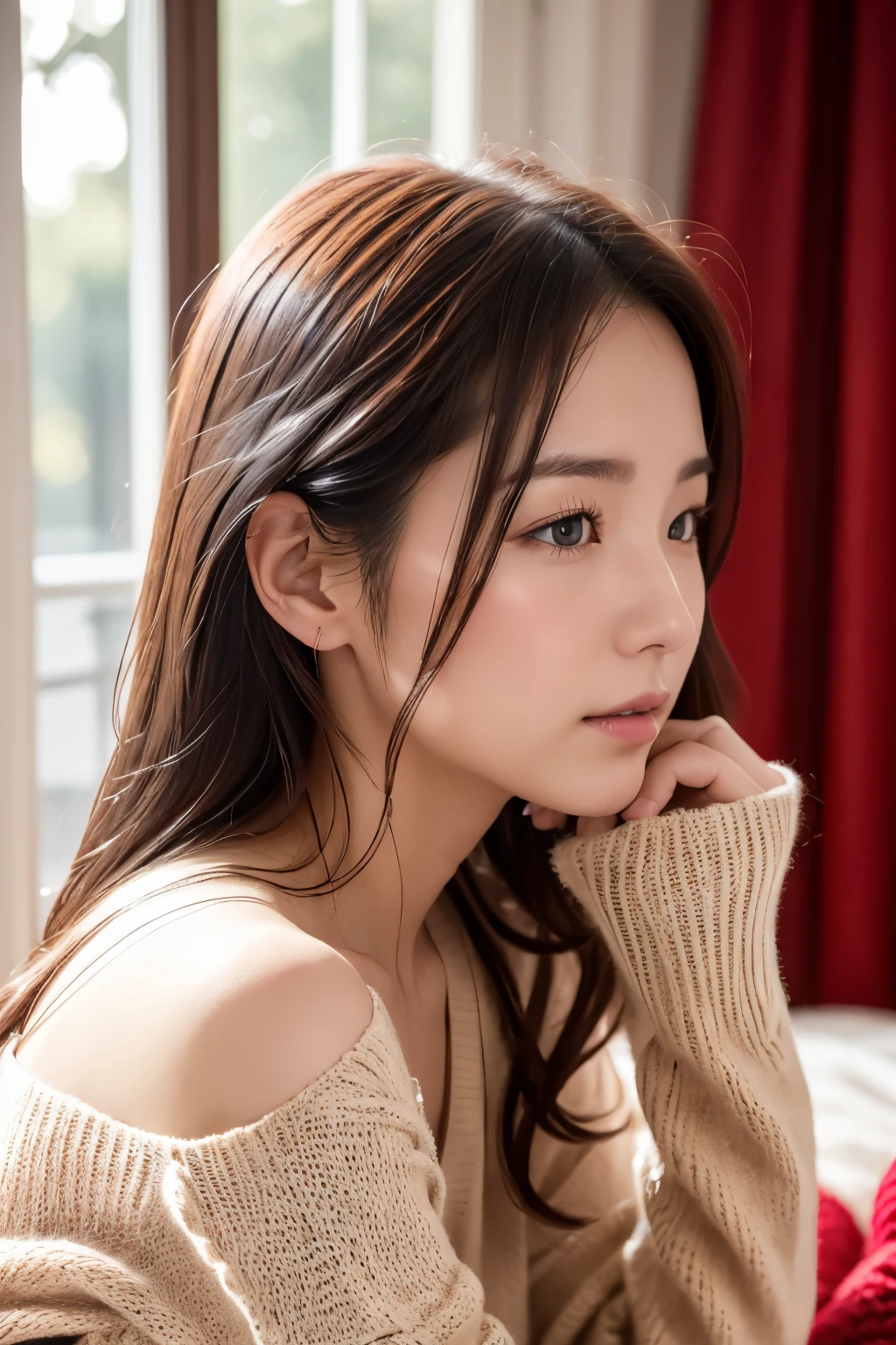 (top-quality、8K、32K、masterpiece,)Beautuful Women、red loose sweater、Red lace panties、Lying down、Shot from the side、Natural look、Christmas tree、pile of presents((real face))profile、profile、Warm atmosphere((no makeup on my face)