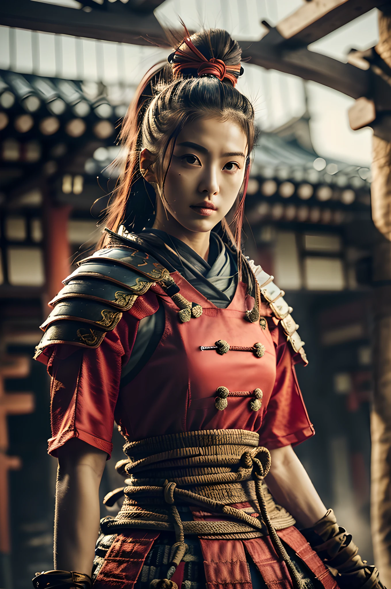 ulzzang -6500-v1.1,(masutepiece, top-quality:1.3),(Top image quality,8K,​masterpiece:1.3),Realistic high-quality photos, Cinematic Light, Photorealistic, Super beauty、(Female ninja:1.3), Extremely agile warrior, fitness, intricate-detail, Red Ninja Costume, two swords, Japanese 20 year old girl, (Wide-breasted:1.3)