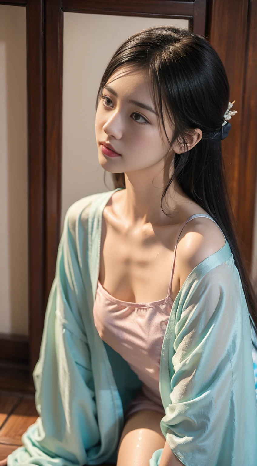 best qualtiy,resolution,unity 8k wallpaper,(illustration:1),perfect lighting,photo_\(medium\),photorealistic,realistic, finely detail,extremely detailed, Upper Body,Refined face,a cute asian little girlbody,Smaller bust,greasy,Sweat Wet, wet breasts, wet body,Hanfu, Chinese Hanfu, Dudou, Chinese cloth Dudou, kneeling, kneeling down, close-up, Shoot from top to bottom,high angle