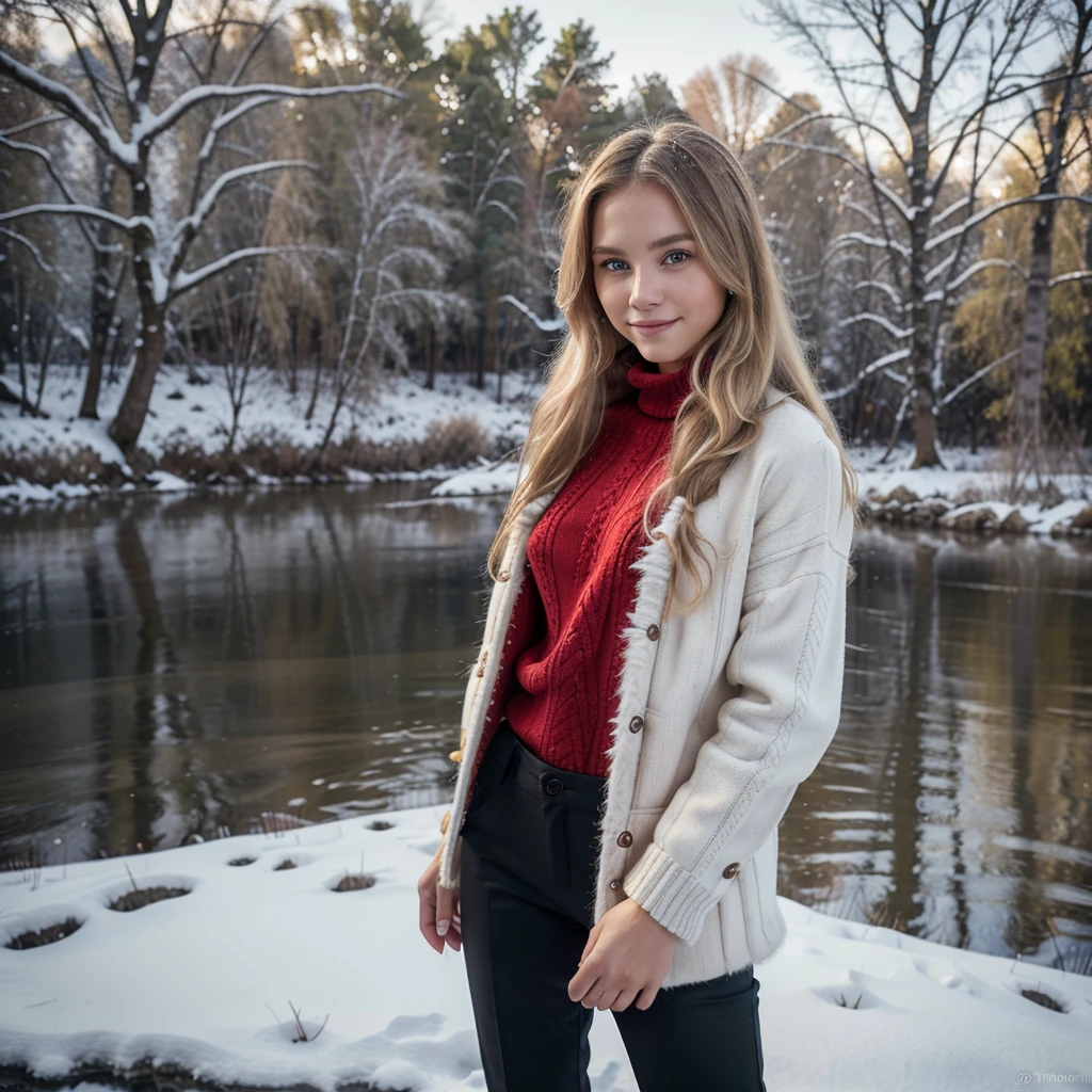 Nikon Z 85mm, Beautiful, one Petite 20-year-old supermodel, long blond hair, Bright gray eyes, ((High detailed skin, Skin Details)), Sharp Focus, 8K UHD, Digital SLR, High quality, gorgeous russian face, smiling, very realistic, ((wearing red fur coat, and turtle neck sweater)), black pants. standing by a river. top perspective. Snow trees on background