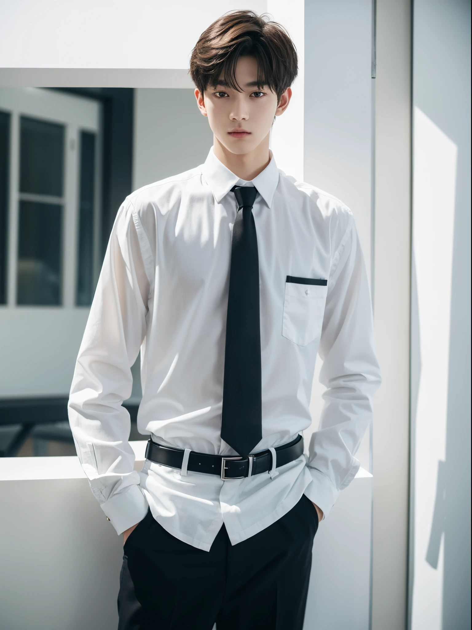 boy, y.o, handsome, white shirt, black pants, tie, belt
