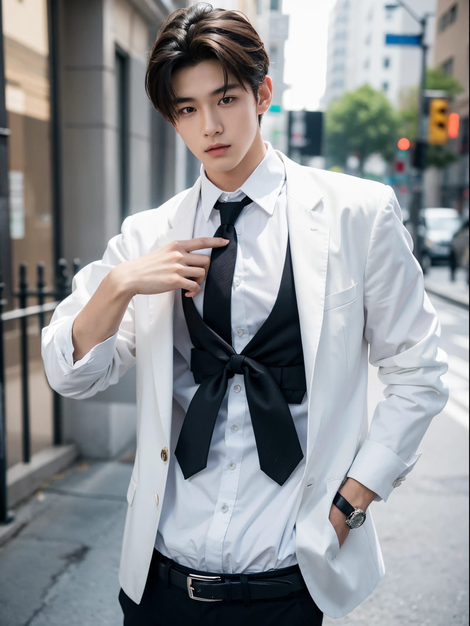 boy, y.o, handsome, white shirt, black pants, tie, belt