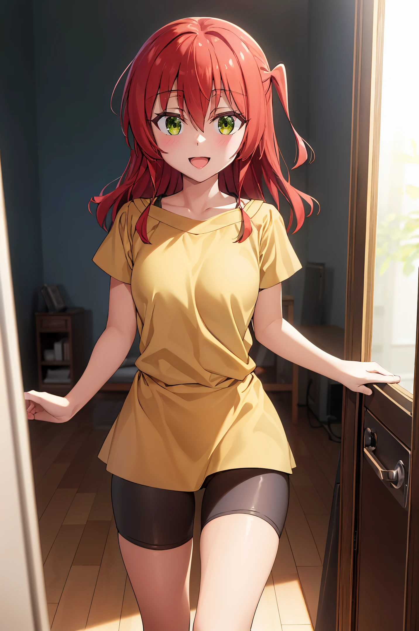 Room, 1 girl, best quality, ultra high res, long hair, red hair, green eyes, yellow shirt, short sleeves, bike shorts, looking at viewers, small breast, standing, pov, slim body, **** body, small body, smile, open mouth,