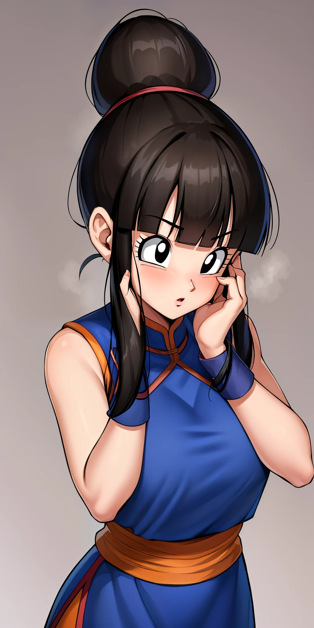 (extremely detailed CG unity 4k wallpaper),(masterpiece),(best quality),(ultra-detailed),(best illustration),(best shadow),(absurdres),(detailed background), Chi Chi (dragon ball), 1girl, solo, black hair, chinese clothes, hands on own face, bangs, blunt bangs, (ponytail), black eyes, china dress, sleeveless, dress, ponytail, hands on own cheeks, wristband, sleeveless dress, upper body, blue dress, :o, long hair, eyelashes