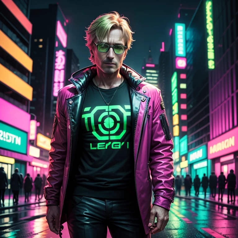 Person with glasses Cyberpunk neon green Pink cityscape background Mads Mikkelsen