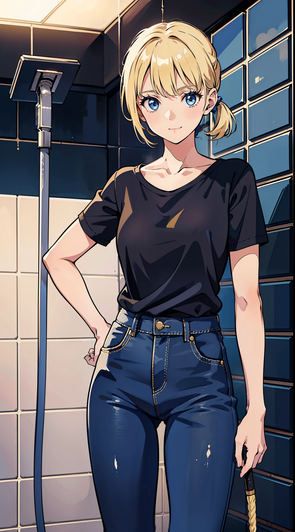 Young girls, blond with short hair, high ponytails, eBlue eyes, ssmile, Blue skinny shirt, denim pant, open shower room, Two swords, fly by rope, tmasterpiece, high high quality, 4K, k hd, Nice details