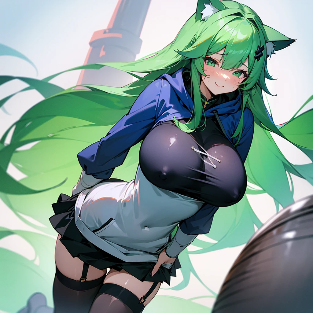 cat ear、a smile、sweating、skirt by the、Black stockings、Green hair、Blue hoodie、Long、Smooth hair、huge tit、爆乳、up chest、