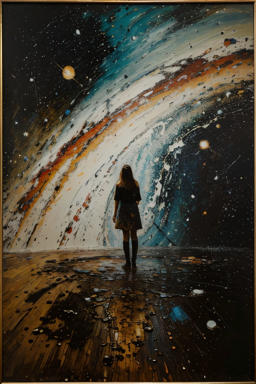oil painting about a woman who is lost in the cosmos, Jackson Pollock style