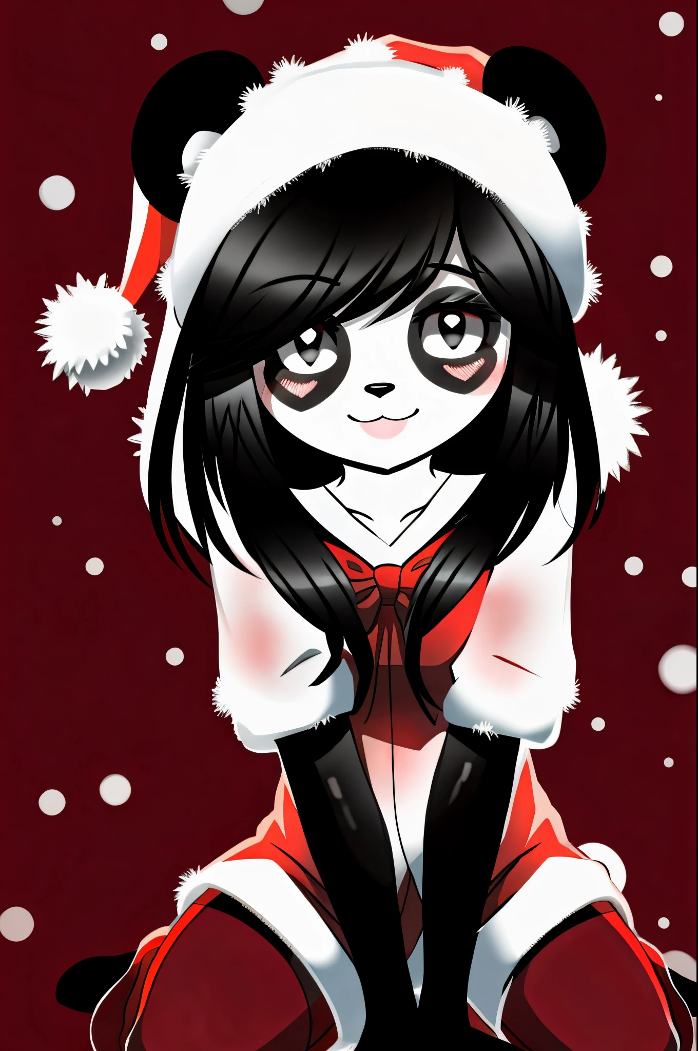 kenny \(kenashcorp\), 1girl, (panda, panda girl), furry, panda ears, animal nose, black and white fur, black arms, black legs, eyes makeup, black eyes, panda tail, cheek heart, black hair, medium hair, santa costume, santa hat, :3, smile, blushing, looking at viewer, from below, red background, two-tone background, snowflakes, white outline, red thighhighs,
