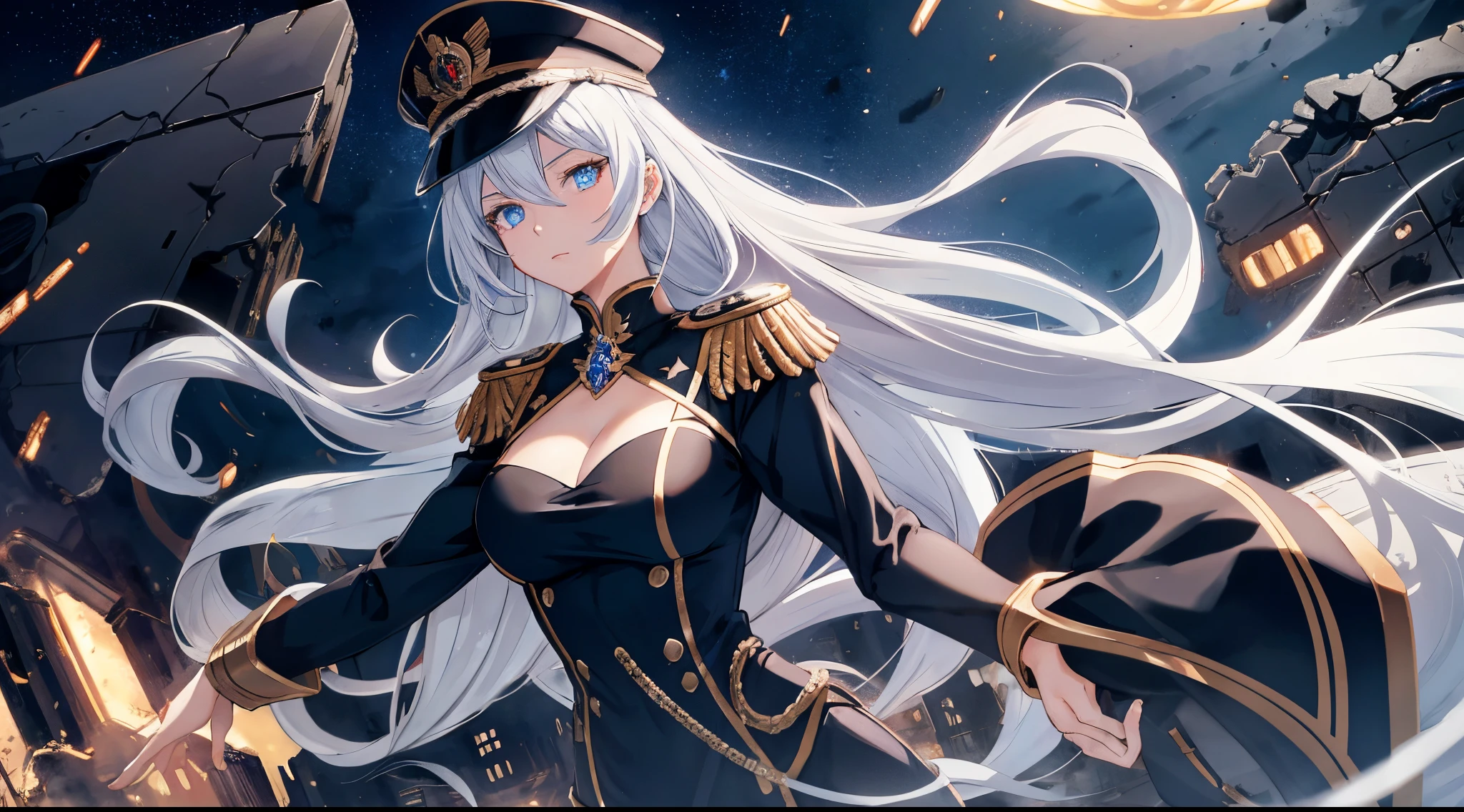 Masterpiece, best quality. 1 Anime lady ( woman), Solo, (Look at viewers) . Stern looks. She wearing black epaulette dress, black commander hat, have glowing light blue eyes. She have very long white hair. Floating hair up. Ring of Goddess. Cinematic light. (War, destroyed City, Ashes). Releasing power. blue aura. Eyes glowing. Close up.