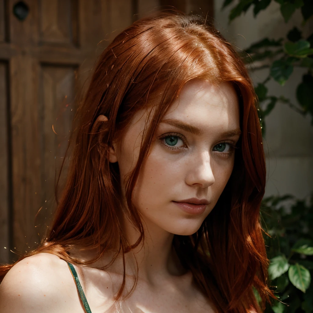 (Red hairs)  (lange glatte haare) , (green eyes), normale figur , shy look ,