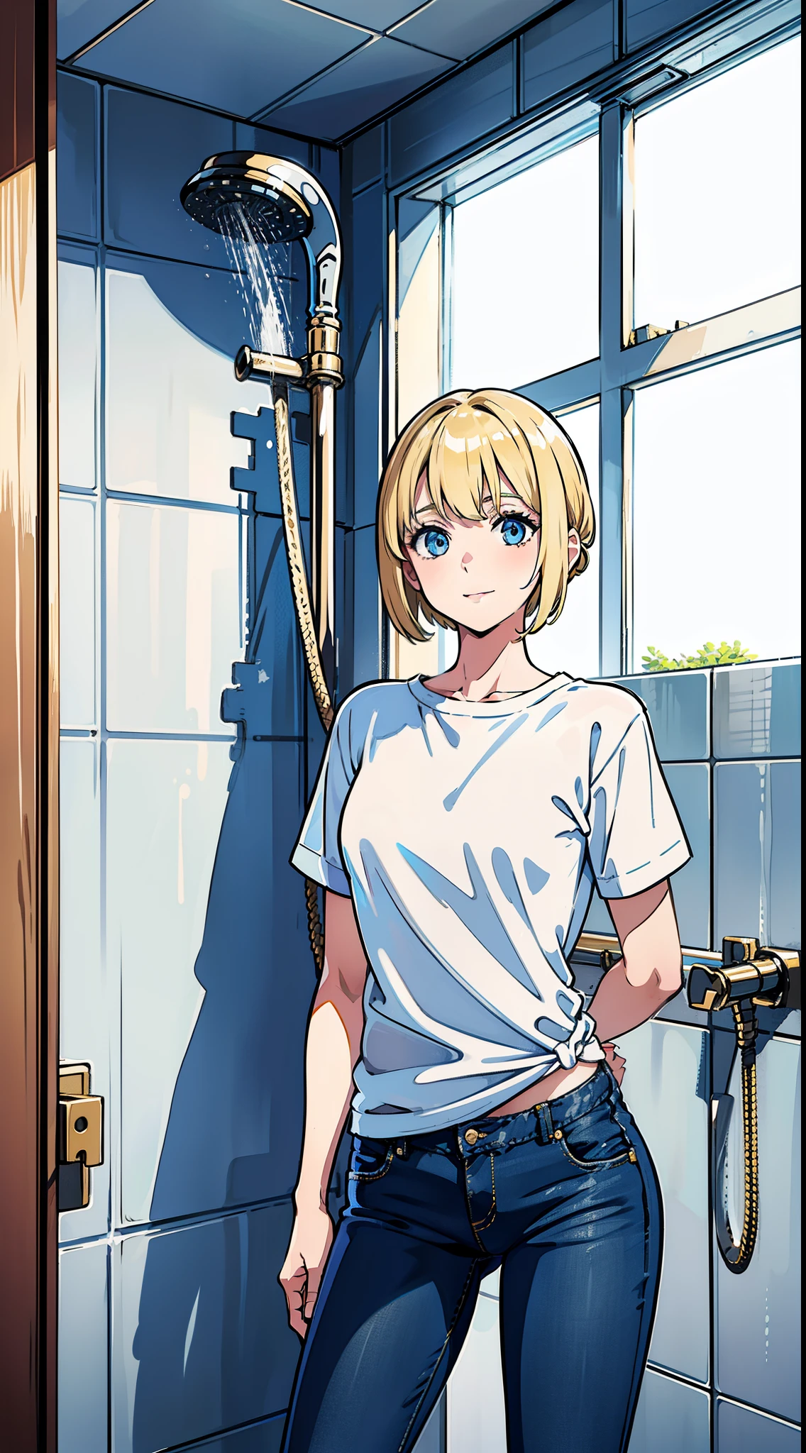 Young girls, blond with short hair, high ponytails, eBlue eyes, ssmile, Blue skinny shirt, denim pant, open shower room, Two swords, fly by rope, tmasterpiece, high high quality, 4K, k hd, Nice details