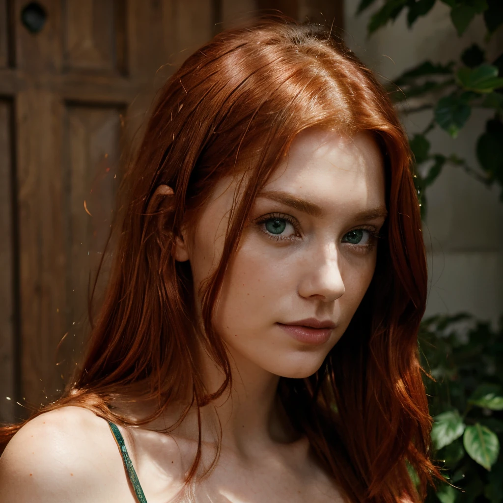 (Red hairs) (lange glatte haare) , (green eyes), normale figur , shy look ,