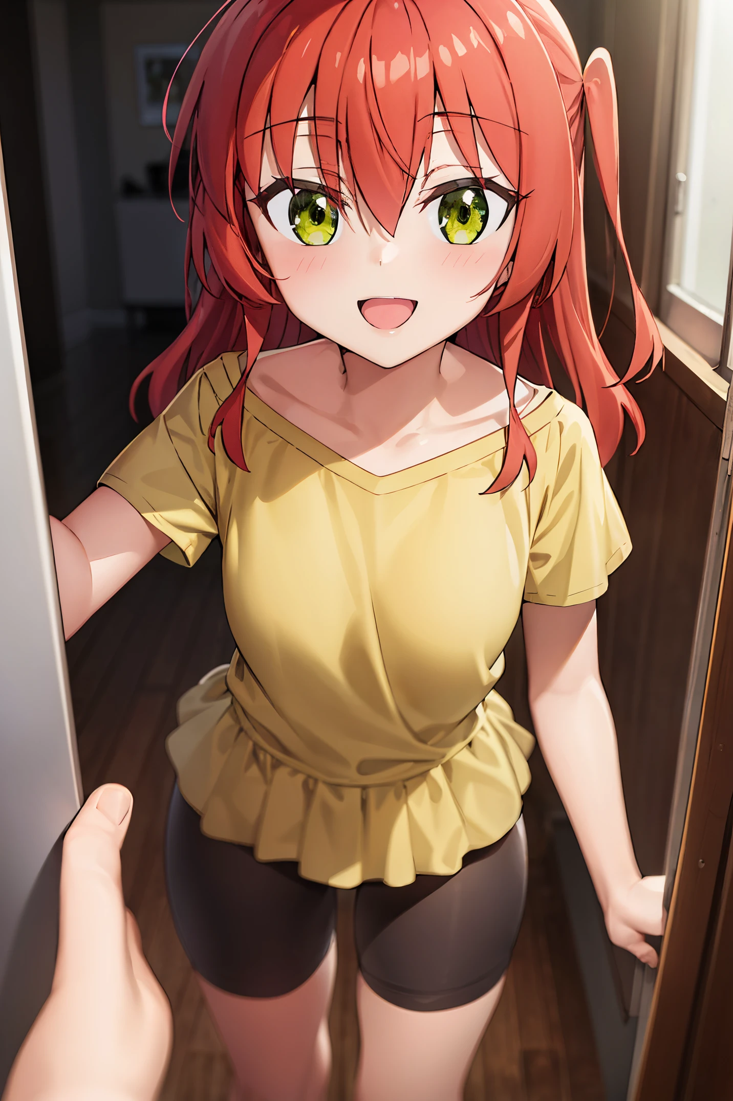 Room, 1 girl, best quality, ultra high res, long hair, red hair, green eyes, yellow shirt, short sleeves, bike shorts, looking at viewers, small breast, standing, pov, slim body, body, small body, smile, open mouth,