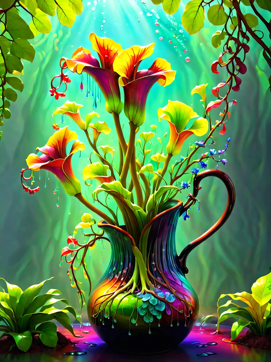 stained glass style，(a magical plant，Colorful rainbow giant pitcher plant)，branches and leaves full of nectar, Plants covered in liquid, Cute 3d rendering, Rendered in Cinema 4D Octane, blender art, Cinema 4D color rendering, Very detailed happy photos, Render in Cinema4D, Colorful octane rendering, A vibrant, The beautiful, semi transparent, iintricate, Detailed pubic hair