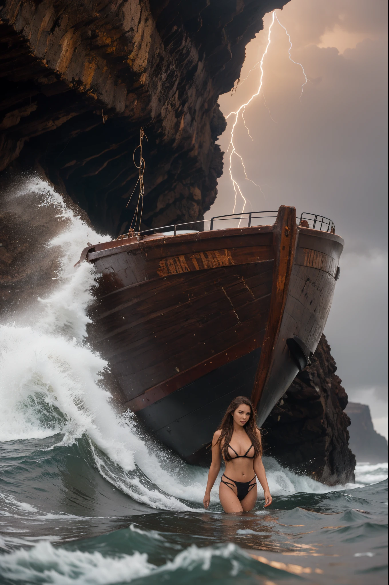 A single wet, sexy 22 year old brunette woman, standing in a sinking, submerged wooden fishing boat, looking away from viewer, ocean waves, waves washing into boat, rocks, cliffs, small hands, cinematic, dramatic composition, dark stormy sky, (lightning), sharp focus, sense of awe