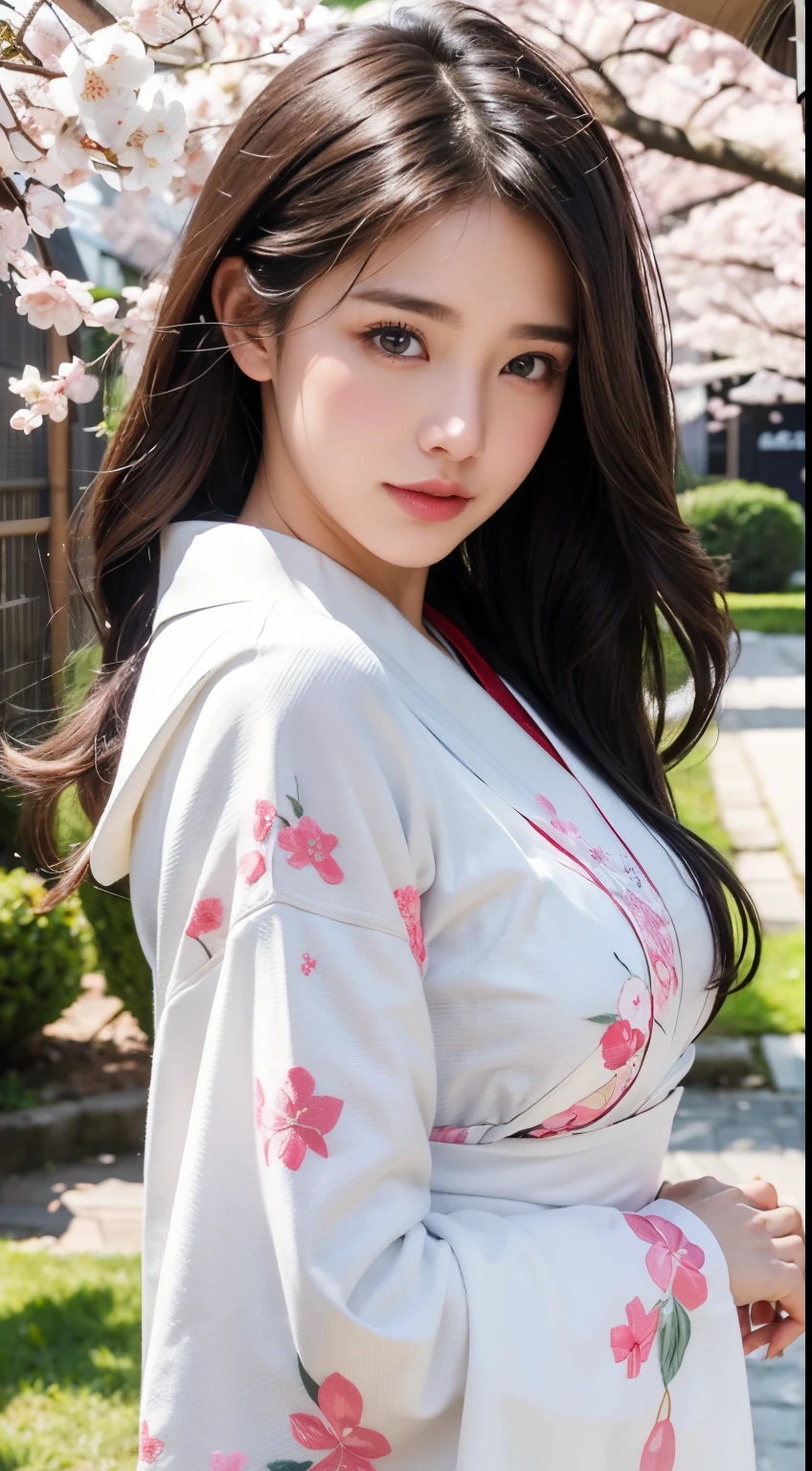(A logo、​masterpiece、8K、masutepiece、Raw photo、Fantastic、Best Quality、8K wallpaper that combines photorealism and high-definition CG、hightquality、ighly detailed、epic poem、Particle effect、Dynamic effects、depth of fields、Cinematic Light、Lens Flare、Ray tracing)、Fantasia、 (Beauty 1 person、White Japanese Clothing、Japanese dress、White cherry blossom pattern、White cherry blossom embroidery pattern、A dark-haired、Beautiful face、Real Face、beautiful details eyes beautiful skin)、Hair flutters in the wind、Hair jumps、Pink cherry blossom tree、Petals flutter、Sakura blizzard、Superb view、morning glow、Sun in the background、the wind