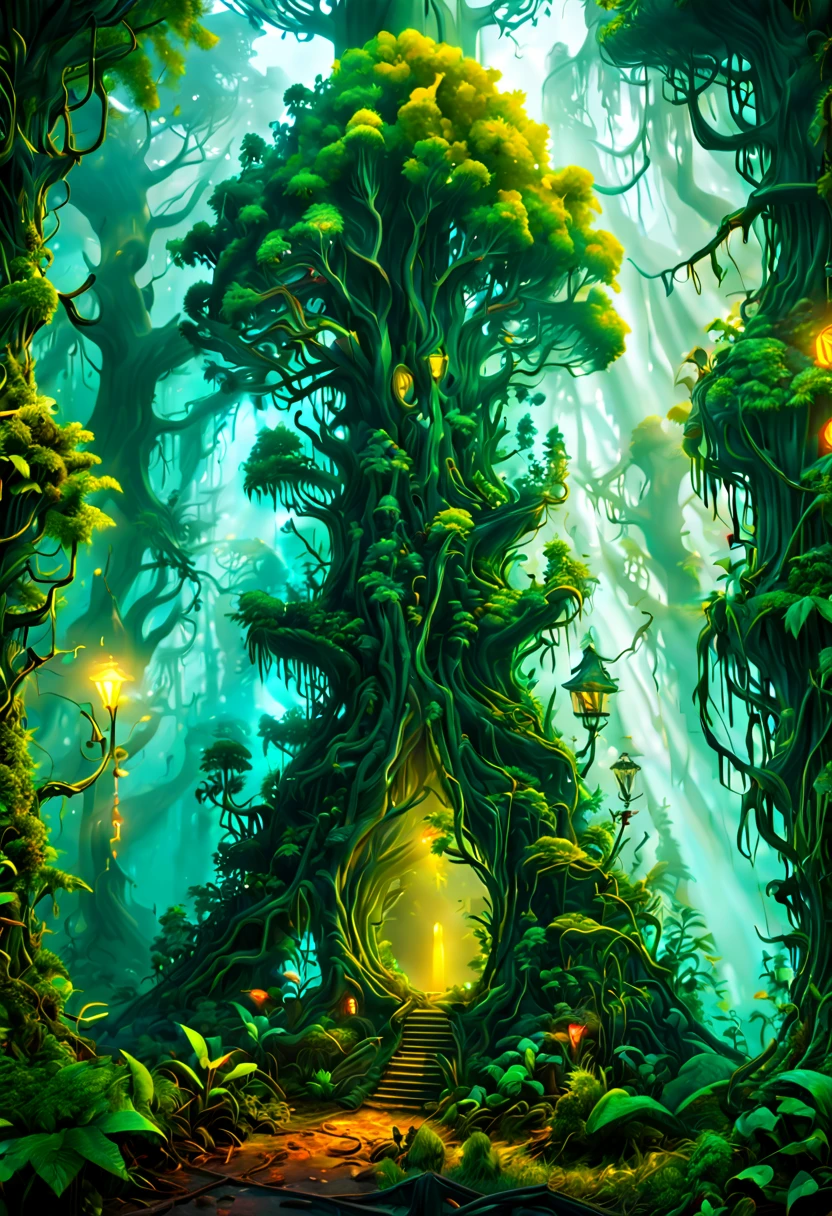 Magical Plants, fantasy forest with glowing neon details, a scene full of mystery and supernatural elements, towering trees stand in the background, add a spectacular atmosphere to the whole picture, surreal, highly detailed, atmosphere of unknown and mystery, hierarchical form, octane render, intricate, (best quality, masterpiece, Representative work, official art, Professional, unity 8k wallpaper:1.3)