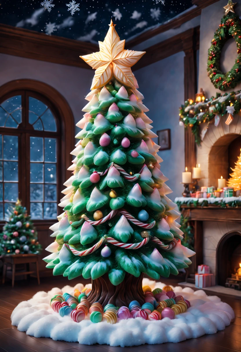 Fluffy Marshmallow Christmas Tree,(Best quality at best,4k,8k,high rise,tmasterpiece:1.2),ultra - detailed,(realisticlying,photograph realistic,photoreali:1.37),sweet,Vibrant colors,whimsically,Huge tree,sugar coated leaves,imagining,intriguing,light and ventilation,delight,'s、Irresistible、Fantastical、edible、indulgent、The tall、Pleasant、Exhilarating、Rainbow、Candy heaven,sparkling decorations,Delicious candy bars,Shining Christmas lights,holiday decorations,Twinkling snowflakes,Comfortable winter environment,Delightful festive atmosphere,starrysky,Twinkling stars,Crisp winter air,winter fairy tale,