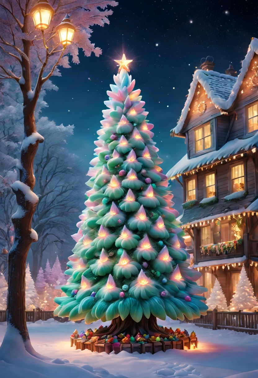 Fluffy Marshmallow Christmas Tree,(Best quality at best,4k,8k,high rise,tmasterpiece:1.2),ultra - detailed,(realisticlying,photograph realistic,photoreali:1.37),sweet,Vibrant colors,whimsically,Huge tree,sugar coated leaves,imagining,intriguing,light and ventilation,delight,'s、Irresistible、Fantastical、edible、indulgent、The tall、Pleasant、Exhilarating、Rainbow、Candy heaven,sparkling decorations,Delicious candy bars,Shining Christmas lights,holiday decorations,Twinkling snowflakes,Comfortable winter environment,Delightful festive atmosphere,starrysky,Twinkling stars,Crisp winter air,winter fairy tale,