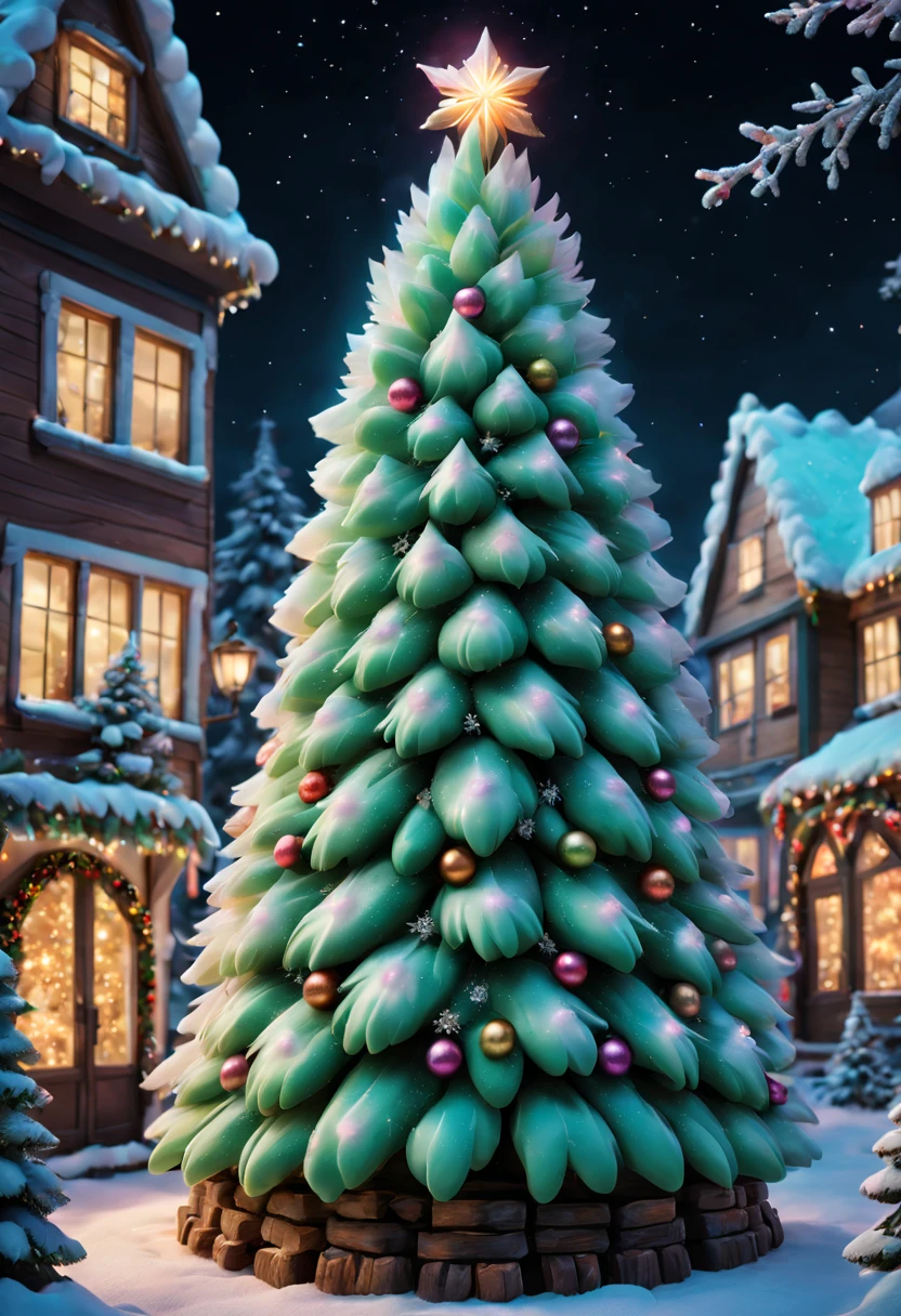 Fluffy Marshmallow Christmas Tree，（Best quality at best，4k，8k，high rise，tmasterpiece：1.2），ultra - detailed，（realisticlying，photograph realistic，photoreali：1.37），sweet，Vibrant colors，whimsically，Huge tree，sugar coated leaves，imagining，intriguing，light and ventilation，delight，'s、Irresistible、Fantastical、edible、indulgent、The tall、Pleasant、Exhilarating、Rainbow、Candy heaven，sparkling decorations，Delicious candy bars，Shining Christmas lights，holiday decorations，Twinkling snowflakes，Comfortable winter environment，Delightful festive atmosphere，starrysky，Twinkling stars，Crisp winter air，winter fairy tale，