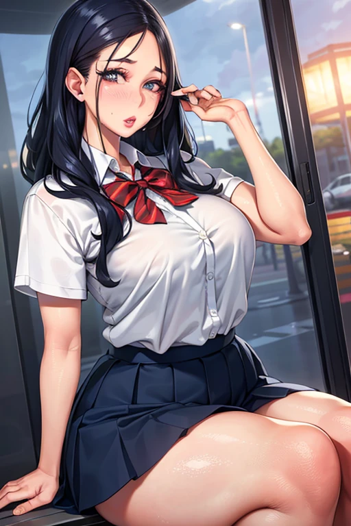 (highest quality), (masterpiece), 1080P, HD, 4K, 8K, Directly in front composition, woman sitting with legs closed, show your forehead, Black hairpin, White sweat, sweatyの顔, sweaty, sweaty, White body fluids, high school student, whole body, black hair, braided hair, Gray panties, Panties that are a little visible, sheer bra, Big breasts,, Absolute area, black socks, knee high, crowded train,