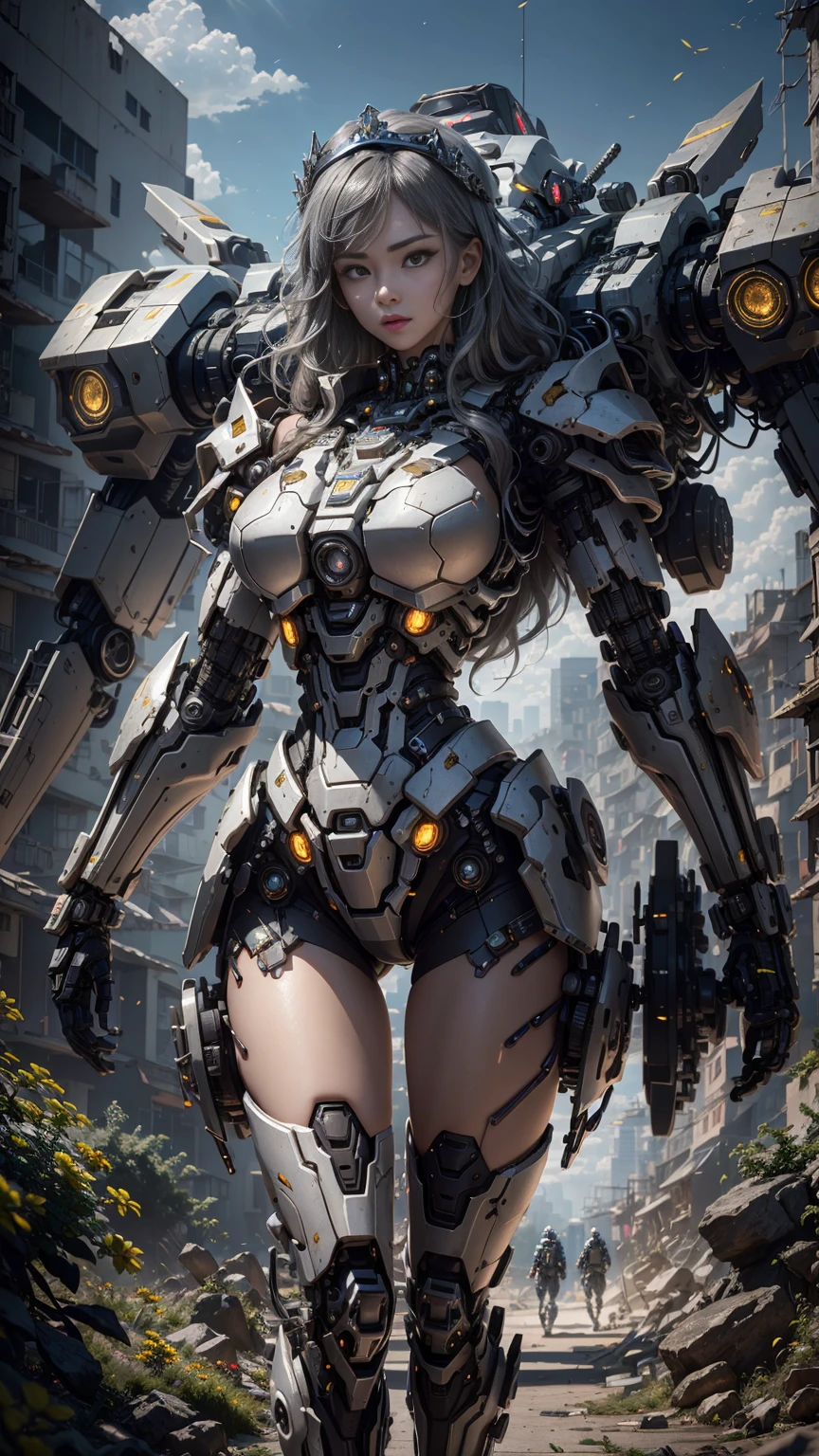 ((Best Quality)), ((Masterpiece)), (Very Detailed: 1.3), 3D, Shitu-mecha, Beautiful cyberpunk woman wearing crown with her mecha in ruins of a city in forgotten war, long silver hair, sci-fi technology, HDR (High Dynamic Range), ray tracing, nvidia RTX, super resolution, unreal 5, subsurface scattering, PBR texture, post-processing, anisotropic filtering, depth of field, maximum sharpness and sharpness, multi-layered texture, Albedo and specular mapping, surface shading, accurate simulation of light-material interactions, perfect ratios, octane rendering, duotone lighting, low ISO, white balance, rule of thirds, wide aperture, 8K RAW, high efficiency sub-pixels, subpixel convolution, luminous particles, light scattering, Tyndall effect