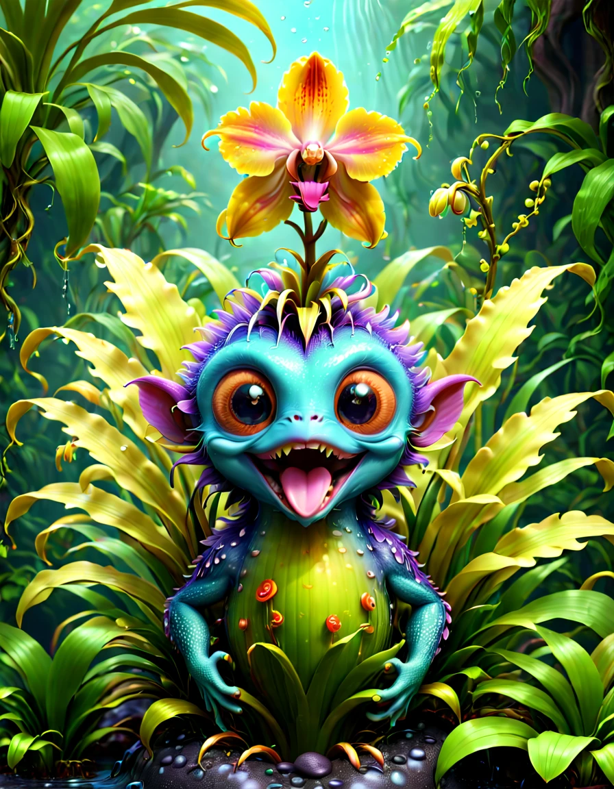 a magical plant，Monkey face dragon orchid，Cute 3d rendering, Plants covered in liquid, Rendered in Cinema 4D Octane, blender art, Cinema 4D color rendering, Very detailed happy photos, Render in Cinema4D, 4D cinema rendering, Colorful octane rendering, 3d illustrations, 3d illustrations, stylized as a 3d render . A vibrant, The beautiful, semi transparent, iintricate, Detailed pubic hair
