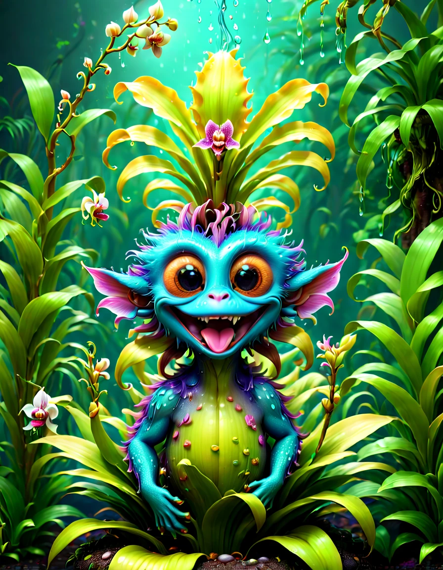 a magical plant，Monkey face dragon orchid，Cute 3d rendering, Plants covered in liquid, Rendered in Cinema 4D Octane, blender art, Cinema 4D color rendering, Very detailed happy photos, Render in Cinema4D, 4D cinema rendering, Colorful octane rendering, 3d illustrations, 3d illustrations, stylized as a 3d render . A vibrant, The beautiful, semi transparent, iintricate, Detailed pubic hair