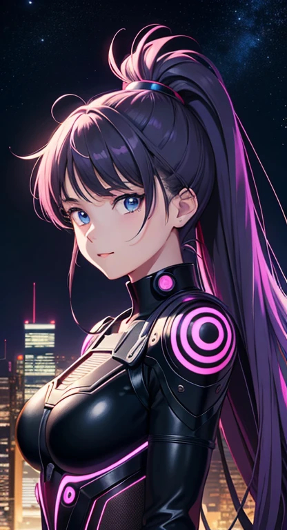 best quality, 4K wallpaper, masterpiece, extremely detailed CG unity 8k wallpaper, extremely detailed eyes, ultra-detailed, intricate details, masterpiece, best quality, 1girl, city pop, akira, night, neon lights, looking at viewer, body at an angle, slight smile, vector illustration, 80s clothing, long hair, 80s, synthwave, abstract background, graphic, manga, 80s anime, retro poster