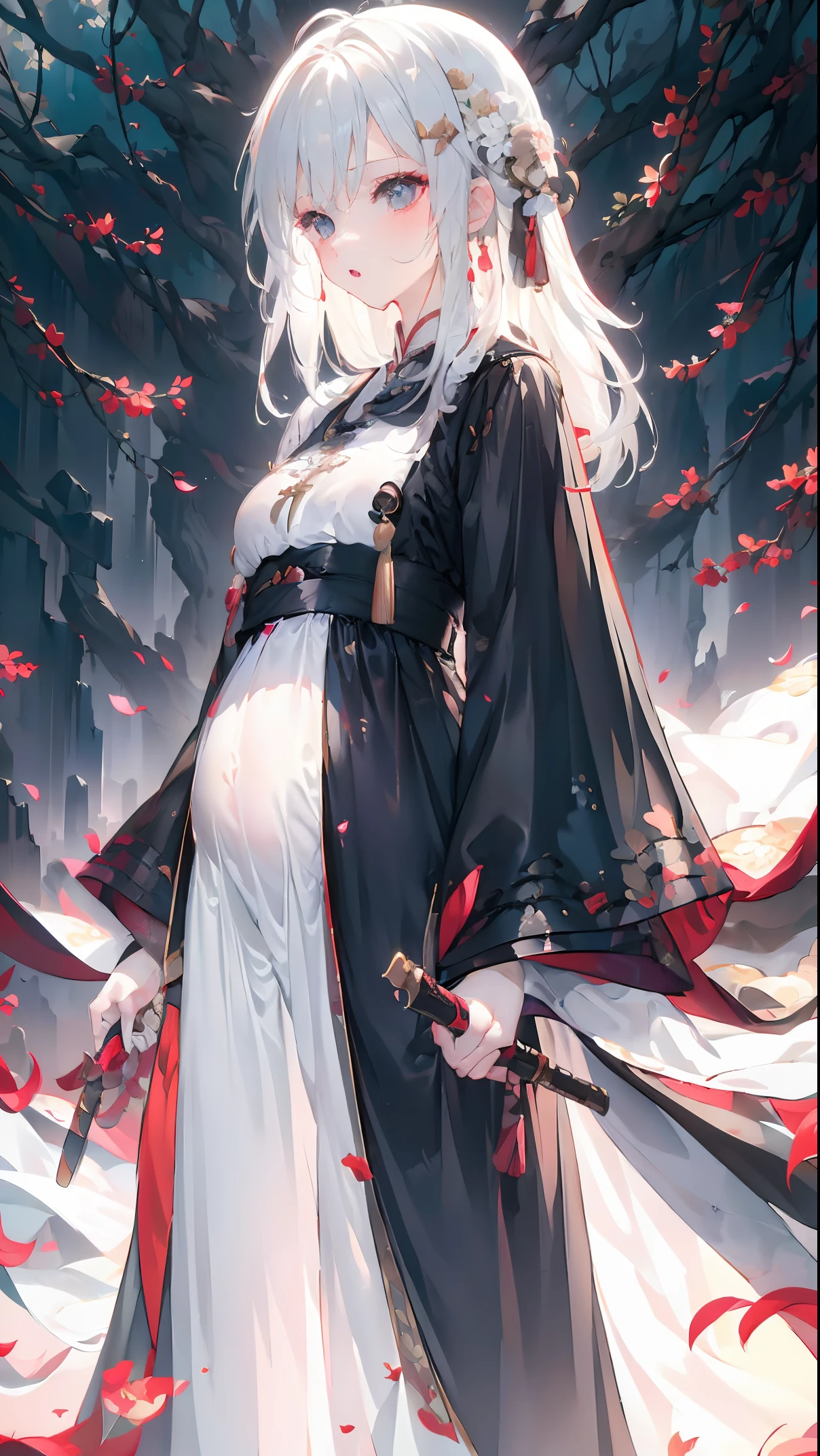 Golden hairpin, white ash hair, black shirt, white skirt, (black cloak:1.2), pale face, sweating, heavy breath, blushing, pregnancy  dresest quality:1.2), ultra-detailed,realistic ,portraits, vivid colors, soft lighting, interesting PoV, stocking, straight hair, pregnant, Pregnant  belly, Chinese sword, anime girl, solo girl