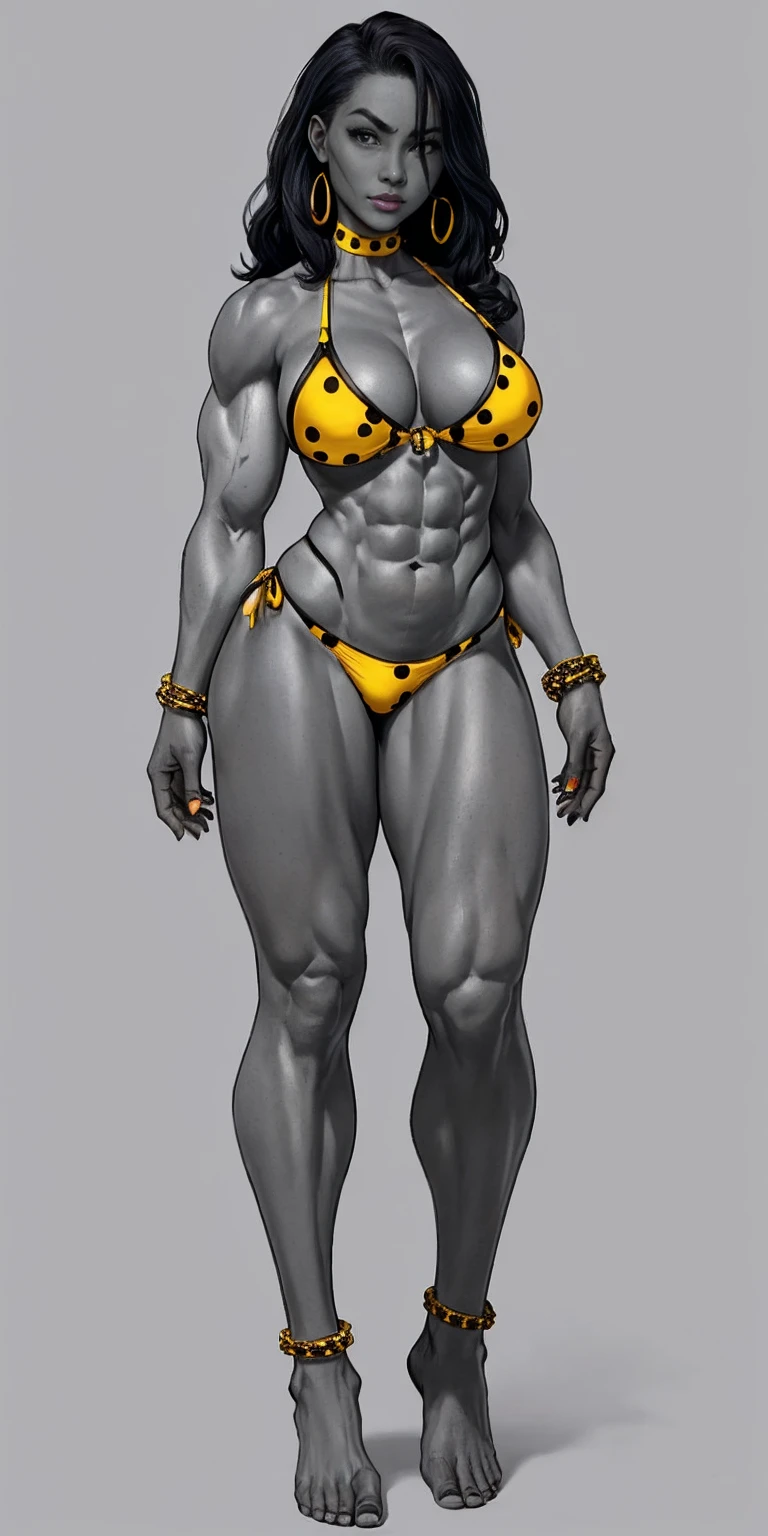 full body barefoot, perfect hair, perfect body, looking at the viewer, standing, posing, mature female, very grey skin, muscular body, female oni, big breast, black chocker, slave chains, (((grey skin))), (detailed yellow bikini with tiger dots)