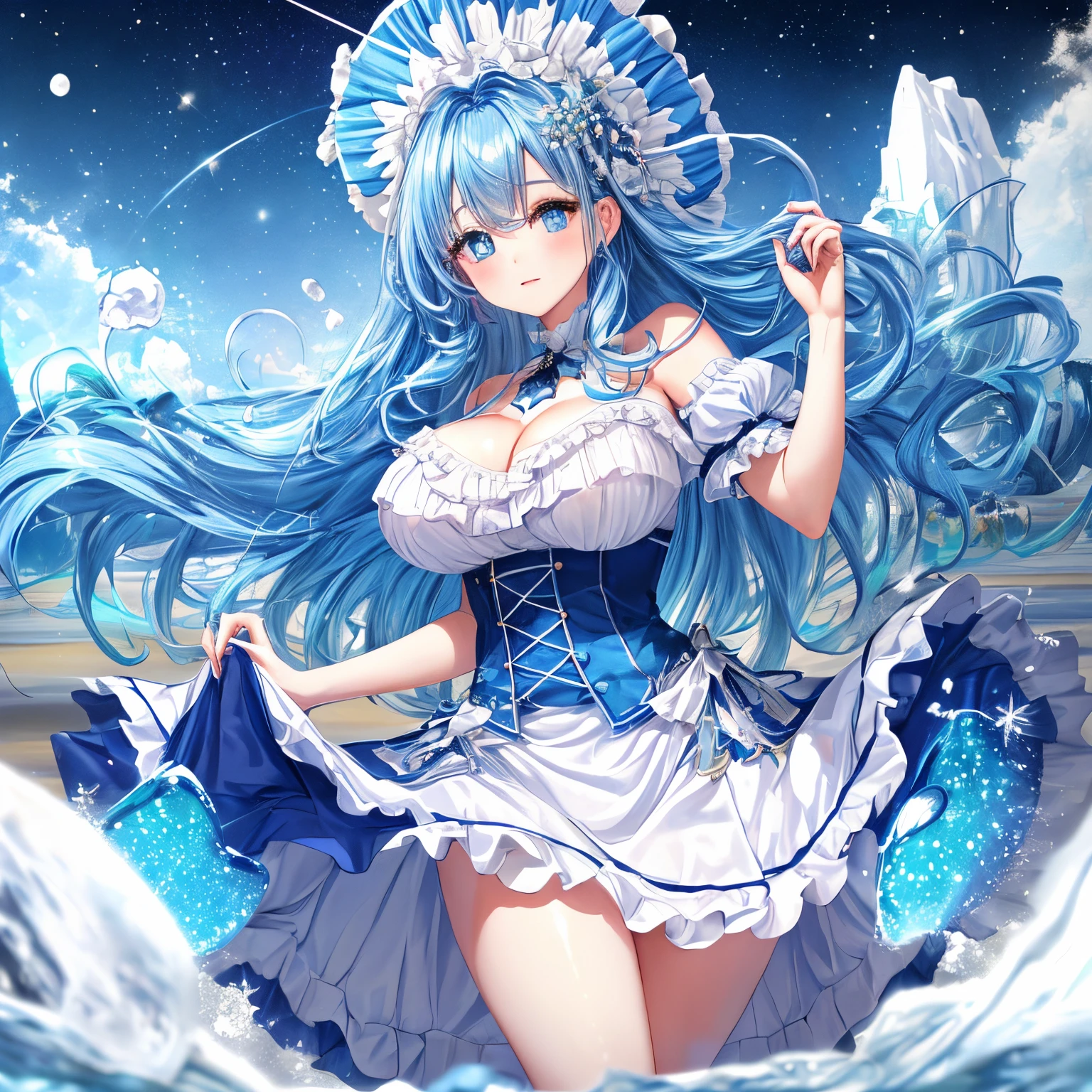 absurd res, A high resolution, (offcial art, Beautiful and beautiful:1.2), (Near vision:1.15), (1个Giant Breast Girl, Blue hair, Medium hair, eBlue eyes, eyes with brightness, a white long skirt, Blue ruffles,:1.2) blue-sky, twinkling galaxy, (uini salt flats:1.2), (s fractal art:0.8), Water Effects, Ripple Effect, (flower effect: 0.65), Efeito de Luz,