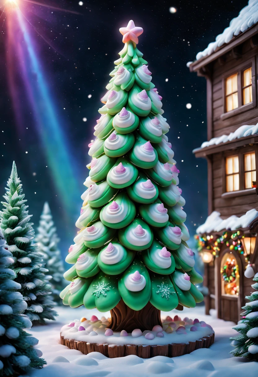 Fluffy Marshmallow Christmas Tree,(Best quality at best,4K,8K,A high resolution,tmasterpiece:1.2),ultra - detailed,(actual,realisticlying,Photorealistic:1.37),sweet，Vibrant colors，whimsically，Huge tree，sugar coated leaves，imagining，intriguing，light and ventilation，delight，Fantastical、edible、indulgent、The tall、Pleasant、Exhilarating、Rainbow、Candy heaven，sparkling decorations，Delicious candy bars，Shining Christmas lights，holiday decorations，Twinkling snowflakes，Comfortable winter environment，Delightful festive atmosphere，starrysky，Twinkling stars，Crisp winter air，winter fairy tale，