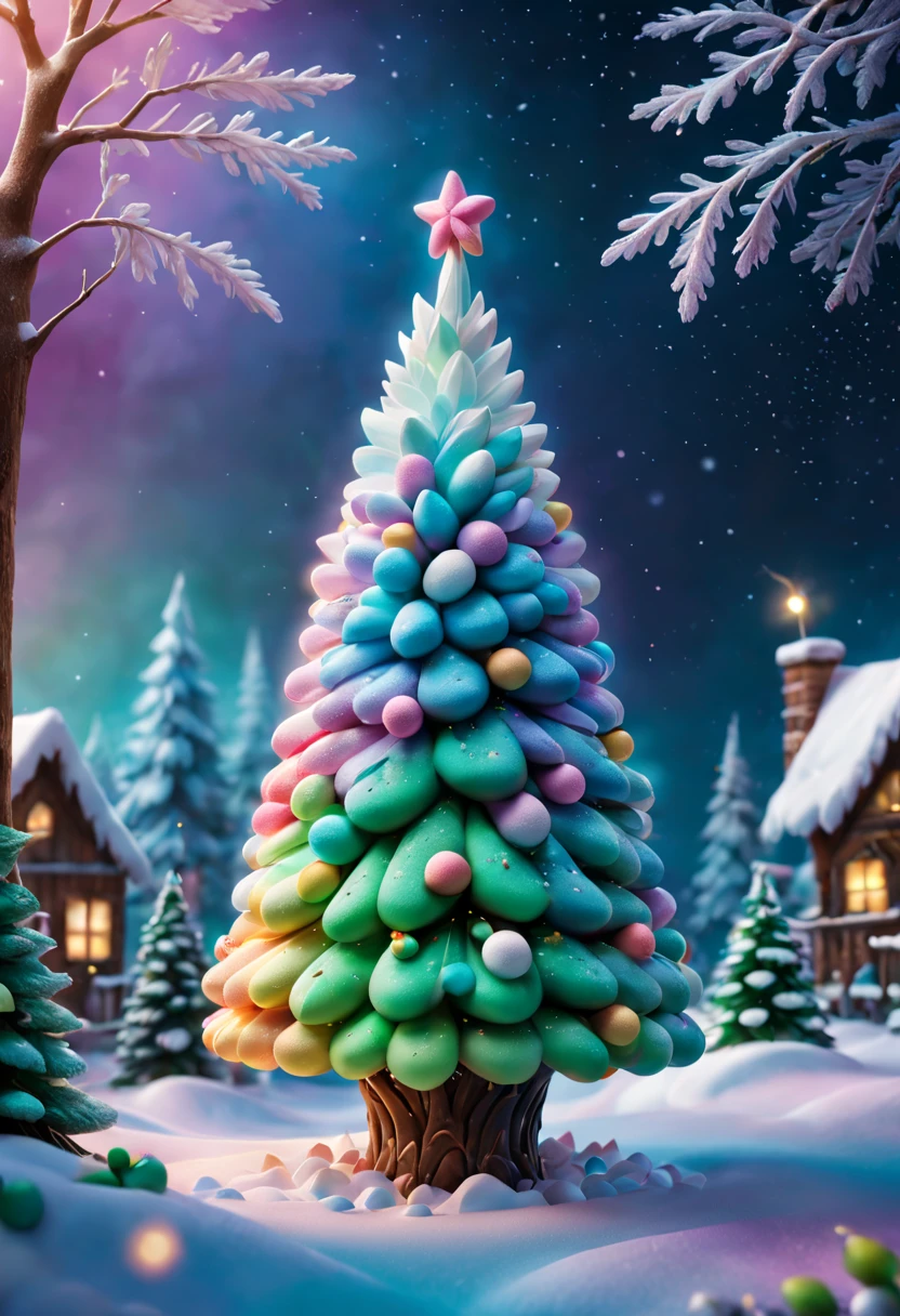 Fluffy Marshmallow Christmas Tree,(Best quality at best,4K,8K,A high resolution,tmasterpiece:1.2),ultra - detailed,(actual,realisticlying,Photorealistic:1.37),sweet,Vibrant colors,whimsically,Huge tree,sugar coated leaves,imagining,intriguing,light and ventilation,delight,Fantastical、edible、indulgent、The tall、Pleasant、Exhilarating、Rainbow、Candy heaven,sparkling decorations,Delicious candy bars,Shining Christmas lights,holiday decorations,Twinkling snowflakes,Comfortable winter environment,Delightful festive atmosphere,starrysky,Twinkling stars,Crisp winter air,winter fairy tale,