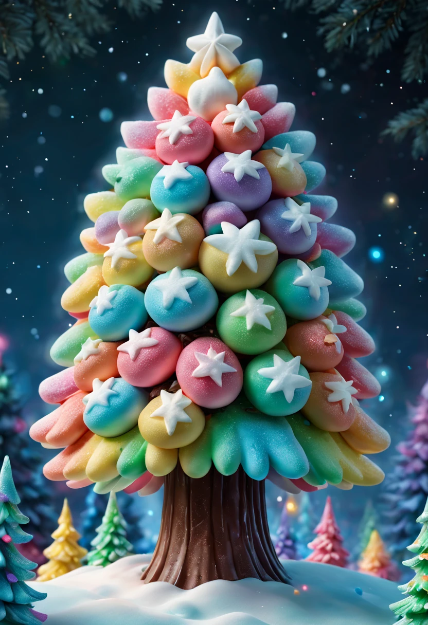 Fluffy Marshmallow Christmas Tree,(Best quality at best,4K,8K,A high resolution,tmasterpiece:1.2),ultra - detailed,(actual,realisticlying,Photorealistic:1.37),sweet，Vibrant colors，whimsically，Huge tree，sugar coated leaves，imagining，intriguing，light and ventilation，delight，Fantastical、edible、indulgent、The tall、Pleasant、Exhilarating、Rainbow、Candy heaven，sparkling decorations，Delicious candy bars，Shining Christmas lights，holiday decorations，Twinkling snowflakes，Comfortable winter environment，Delightful festive atmosphere，starrysky，Twinkling stars，Crisp winter air，winter fairy tale，